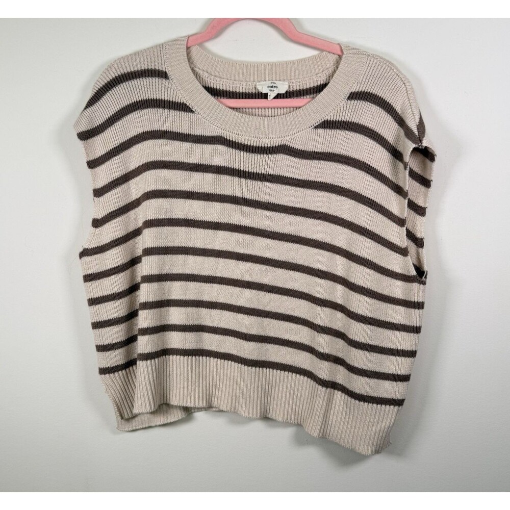 Entro Womens Beige Brown Striped Knit Crew Neck Sleeveless Pullover Sweater M